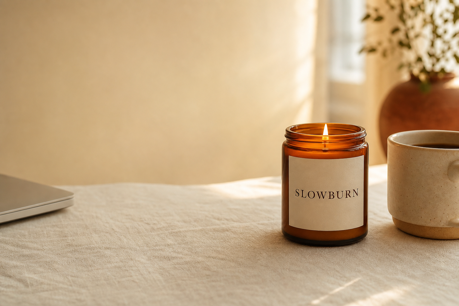 A lit Slowburn candle in an amber jar on a linen table, morning light